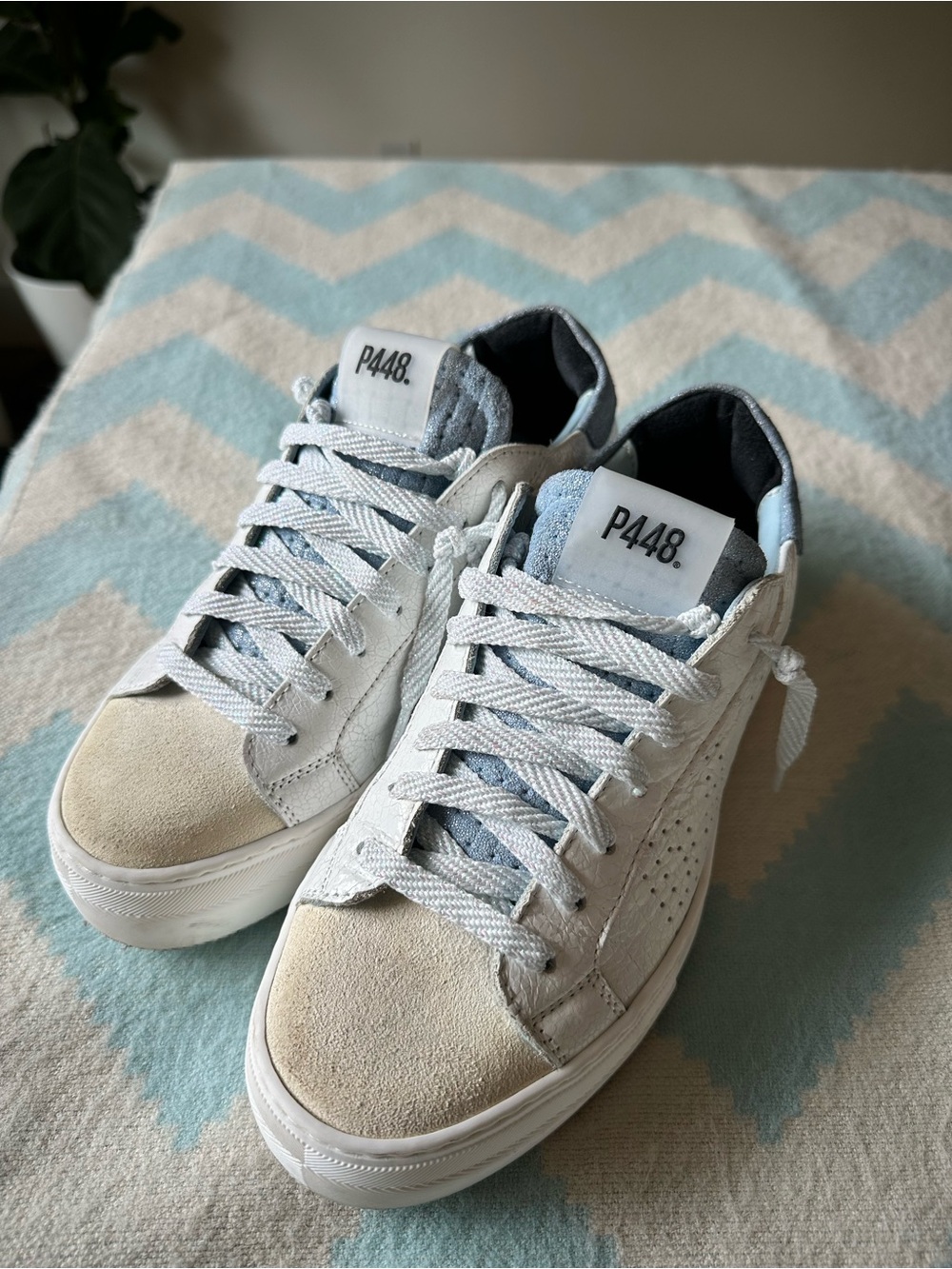 P448 Women's Thea Sneakers, blue glitter laces, size 36EU, US 6-6.5